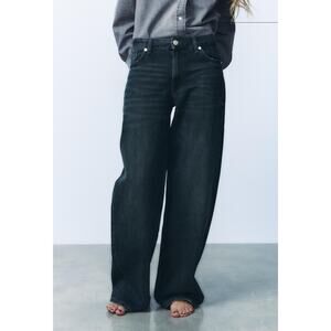 Zara TRF Relaxed Low Waist Jeans Blue Dark Wash Denim Wide Leg Size 2
